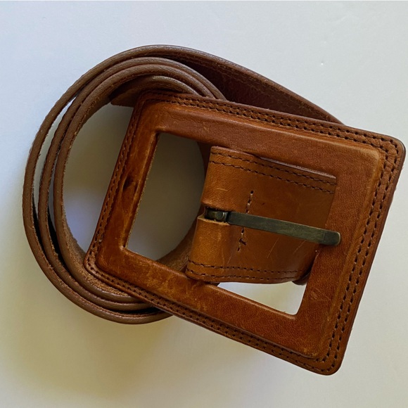Vintage Brown Leather Belt Large Square Buckle Banana Republic - Picture 9 of 11